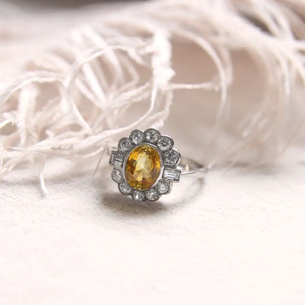 Vintage Style 1.77 Carat Yellow Sapphire and Diamond Cluster