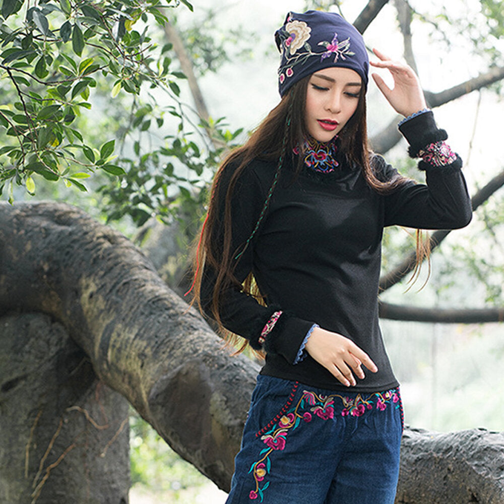 Women Cotton Embroidery Flower Printing Ethnic Style Beanie Hat Breathable Turban Cap