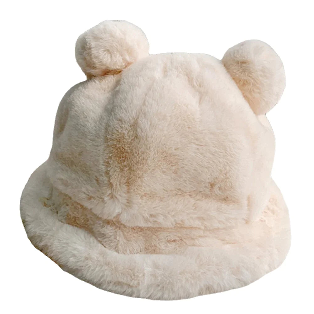 Women Faux Rabbit Hair Warm Soft Cute Casual All-match Animal Ear Pattern Bucket Hat