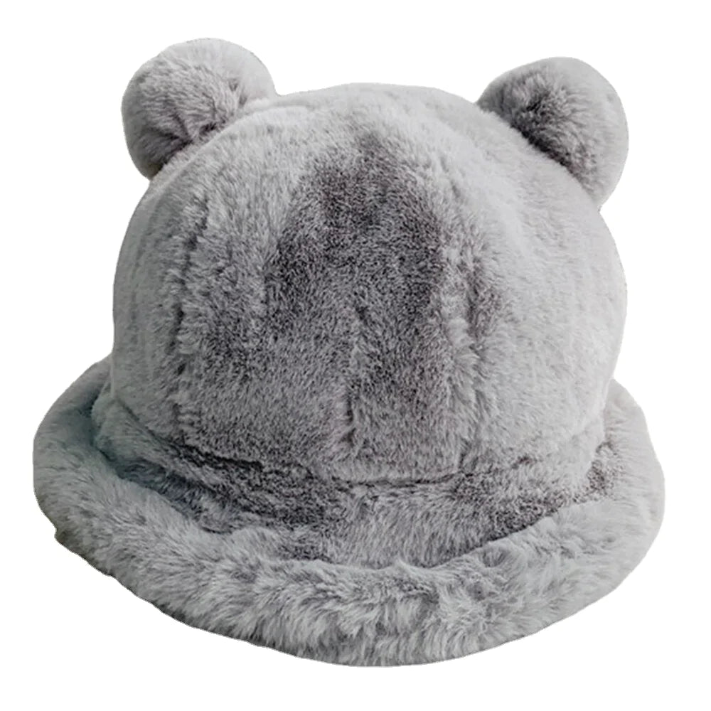 Women Faux Rabbit Hair Warm Soft Cute Casual All-match Animal Ear Pattern Bucket Hat