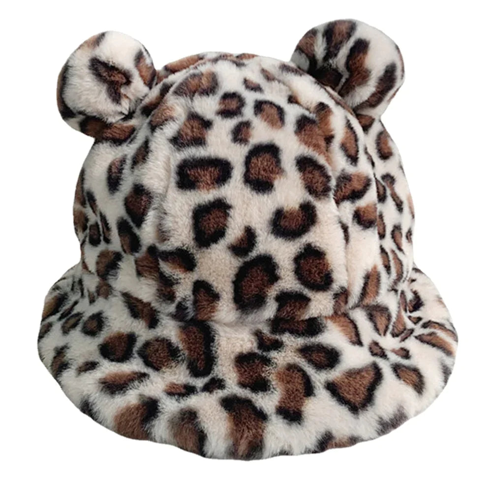 Women Faux Rabbit Hair Warm Soft Cute Casual All-match Animal Ear Pattern Bucket Hat