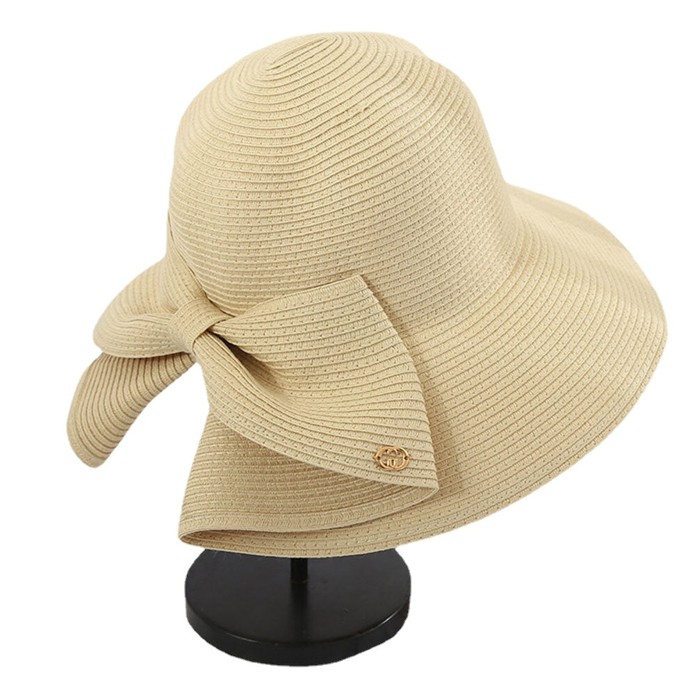 Women Foldable Rear Split Design Bow Straw Hat Adjustable Breathable Summer Casual Wild Sunshade Bucket Hat