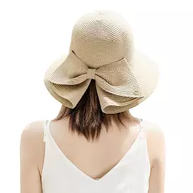 Women Foldable Rear Split Design Bow Straw Hat Adjustable Breathable Summer Casual Wild Sunshade Bucket Hat