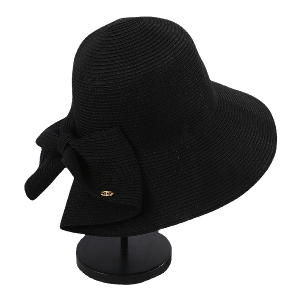 Women Foldable Rear Split Design Bow Straw Hat Adjustable Breathable Summer Casual Wild Sunshade Bucket Hat