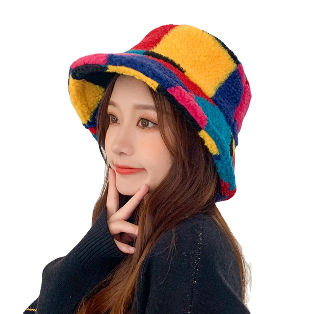 Women Lamb Fur Color Stitching Lattice Bucket Hat Winter Thicken Warm Windproof Fluffy Fisherman Caps