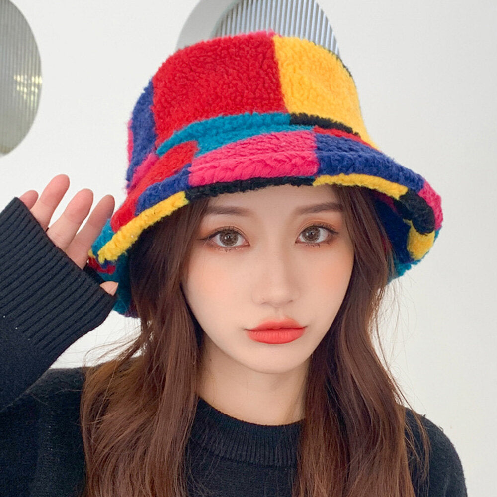 Women Lamb Fur Color Stitching Lattice Bucket Hat Winter Thicken Warm Windproof Fluffy Fisherman Caps