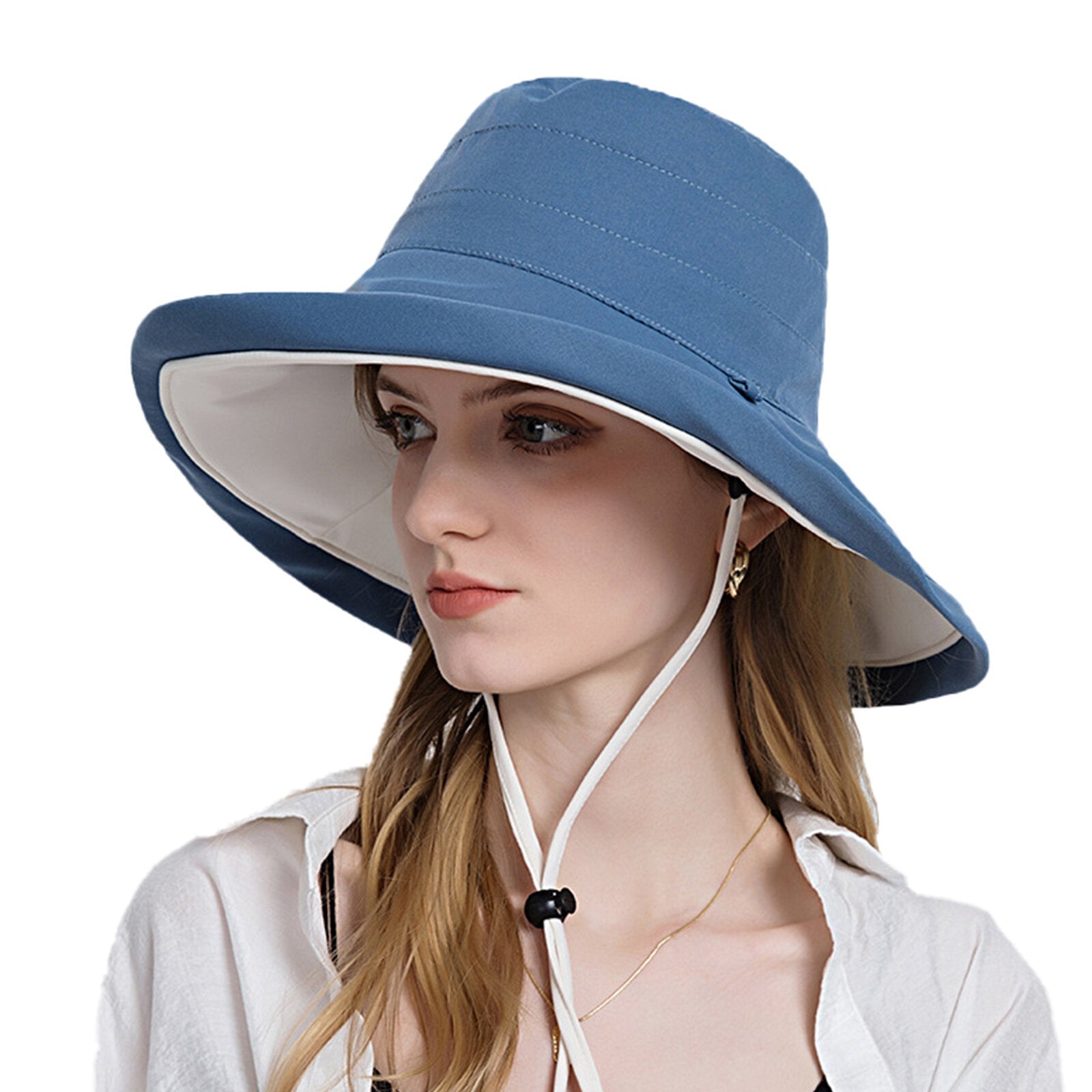 Women Polyester Cloth Casual Outdoor Double-side Back Brim Extended Foldable Sunshade Bucket Hats