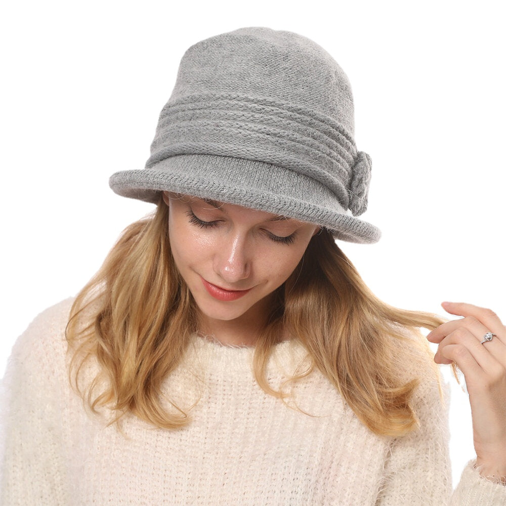 Women Rabbit Hair Plus Thicken Warm Flower Decoration Fashion Casual Knitted Hat Bucket Hat