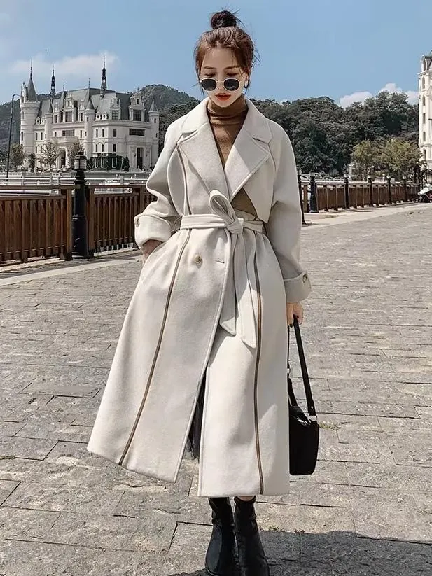 Wrap Overcoat For Woman Ecru White Lapel Belted Classic Winter Outerwear